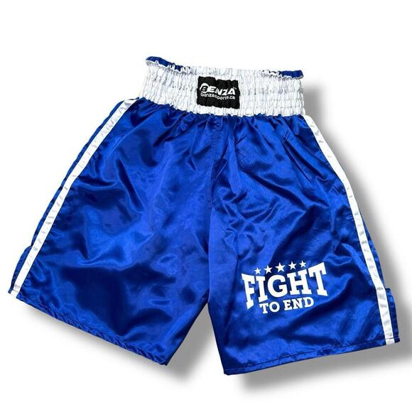 Benza Fight to End Blue Boxing Shorts SzL Polyester Satin Kickboxing Trunks Thai - Picture 1 of 8